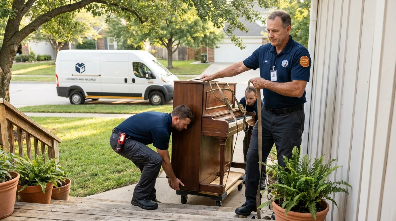 Licensed piano movers securing grand piano in Mifflinburg, PA