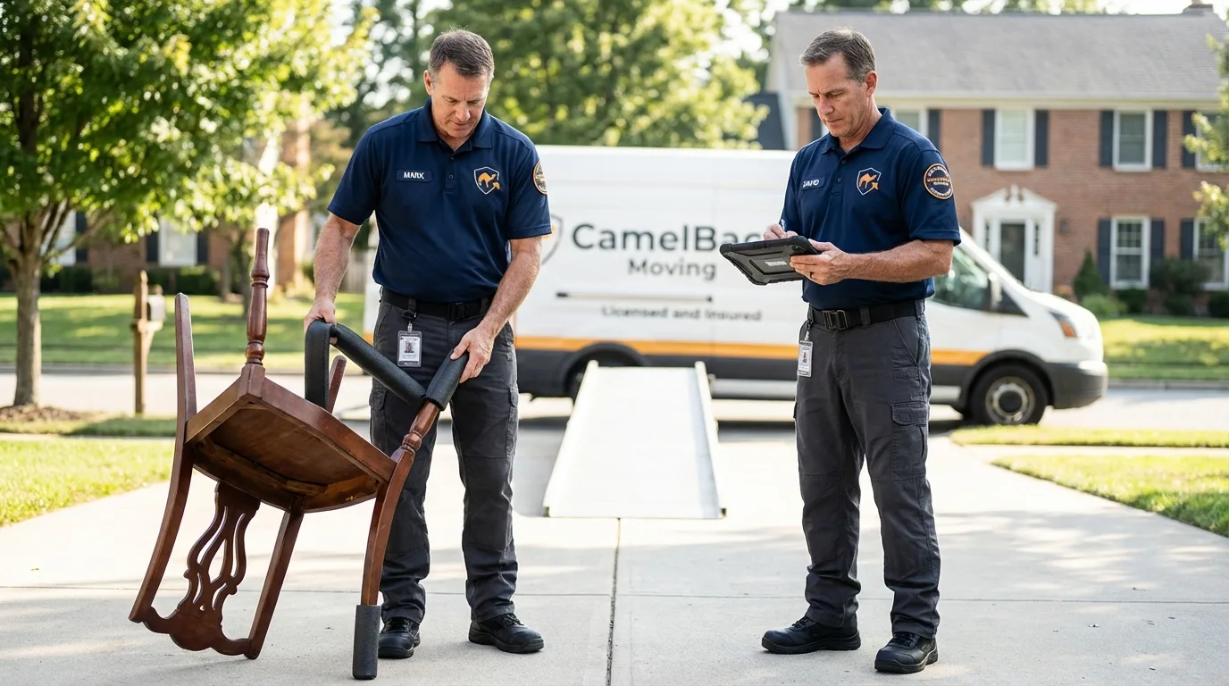 Movers inspecting furniture for damage prevention before loading in Mifflinburg, PA