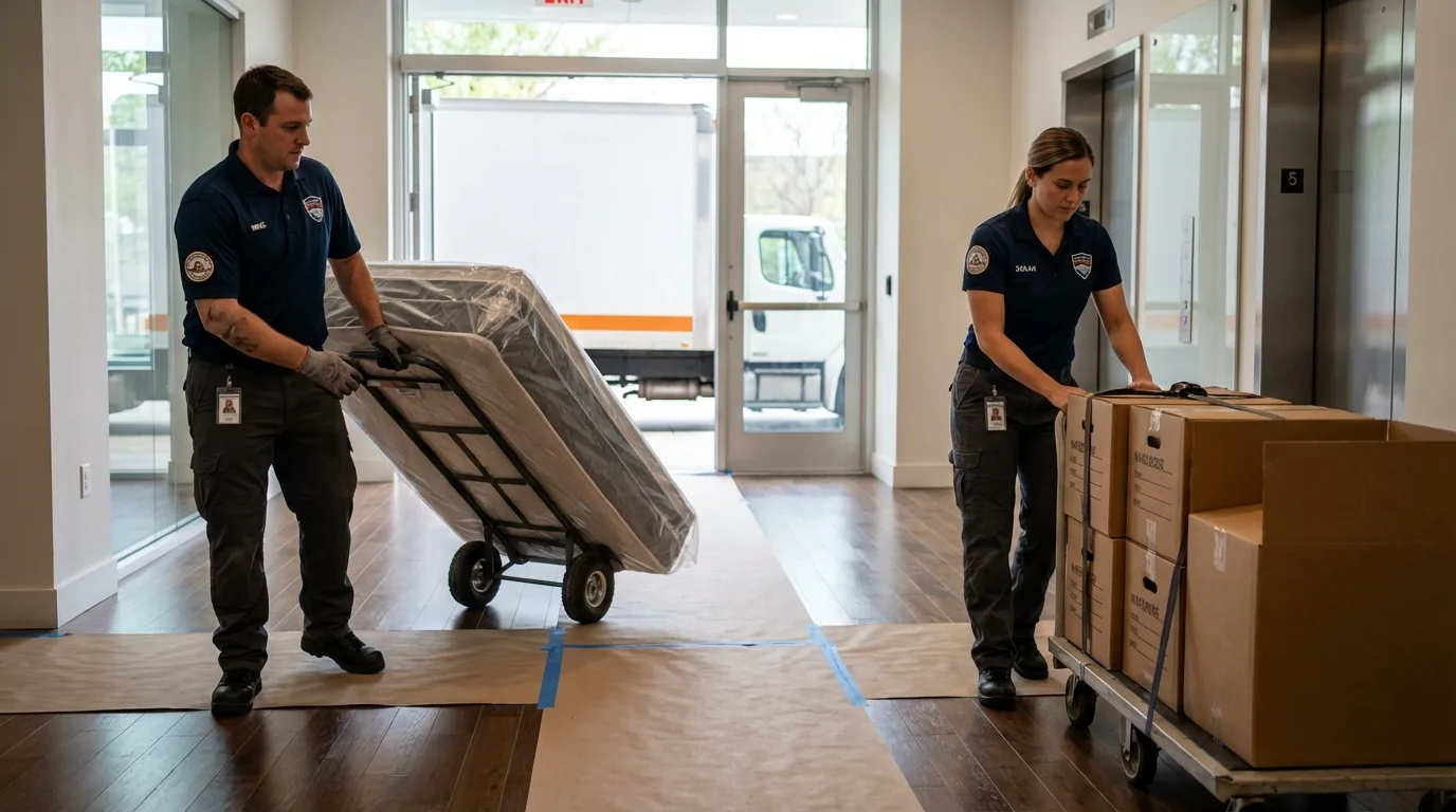 Professional apartment movers loading elevator in Mifflinburg, PA