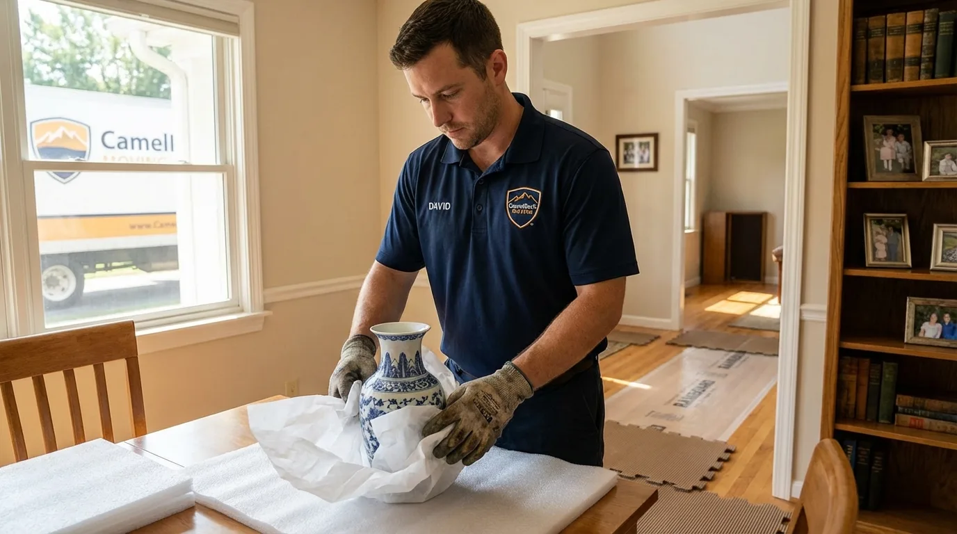 Professional crew carefully wrapping antique vase for senior downsizing move in Mifflinburg, PA